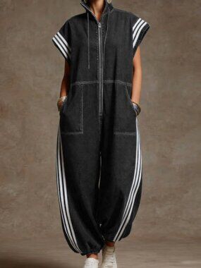 Women's Stand-collar Short-sleeved Casual Loose Denim Wide-leg Jumpsuit